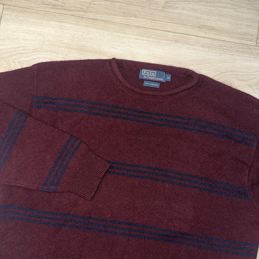 Vintage Polo Ralph Lauren Burgundy Striped Lambswool Roll Neck Sweater XL Casual - Picture 1 of 8